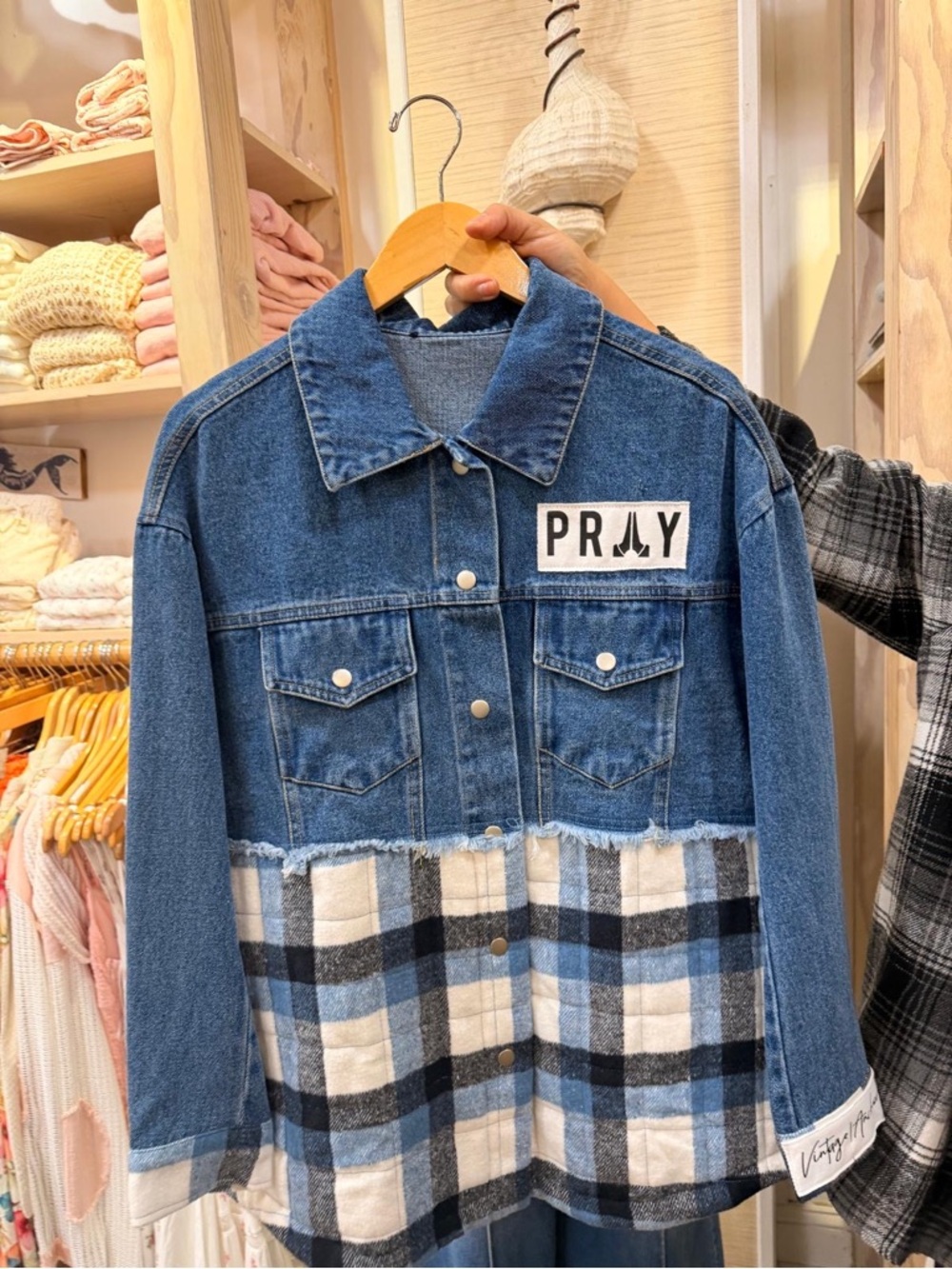 Denim & Plaid Patchwork Jacket with PRAY Patch customade one of a kind